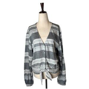 Bella Dahl Shirt Women Large Gray Black Striped V‎ Neck Tie Waist Top Preppy